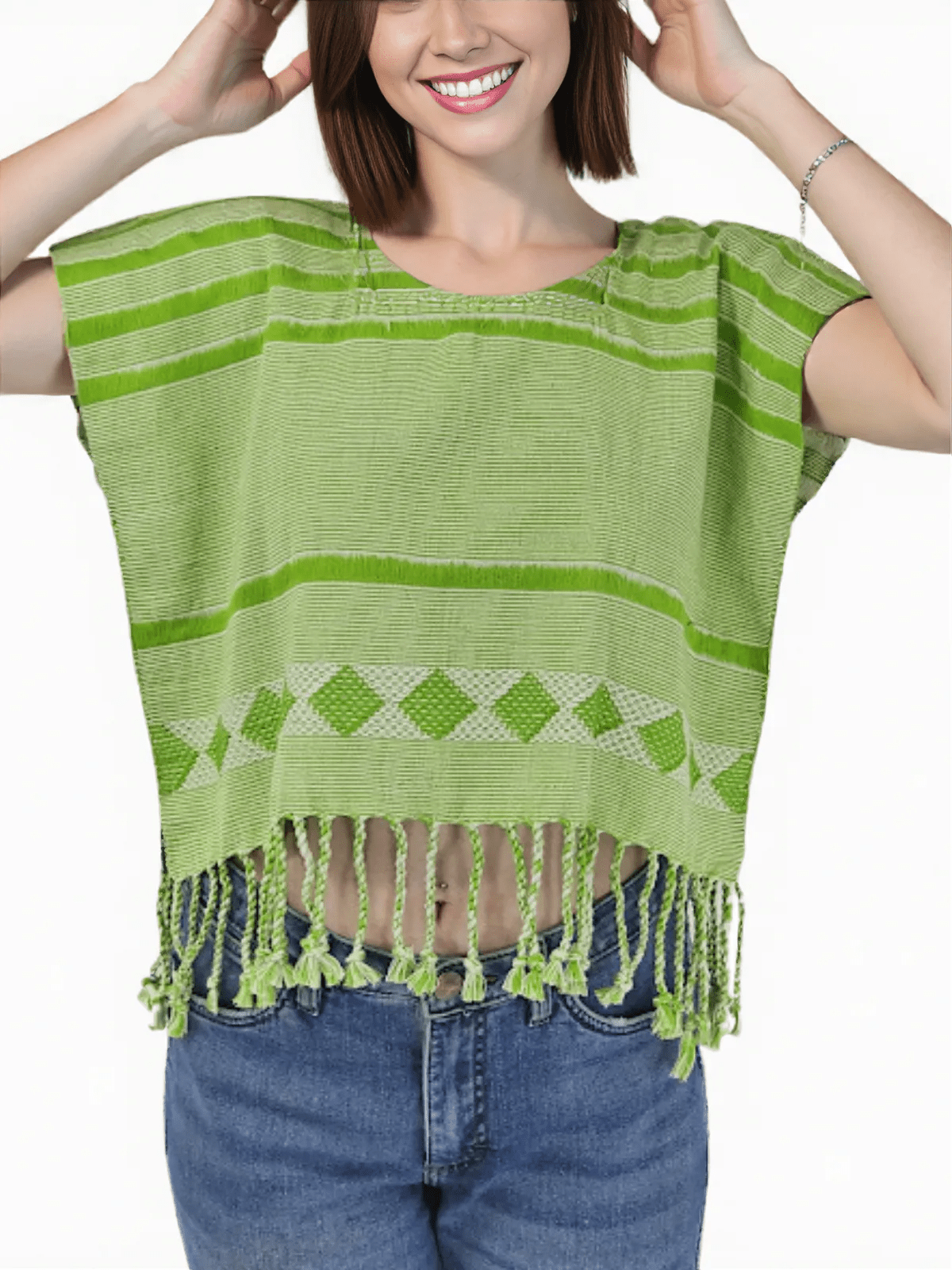 Authentic Handwoven Backstrap Loom Top with Brocade – Artisan - Made Blouse Lime Green Lines - Tenku Designs