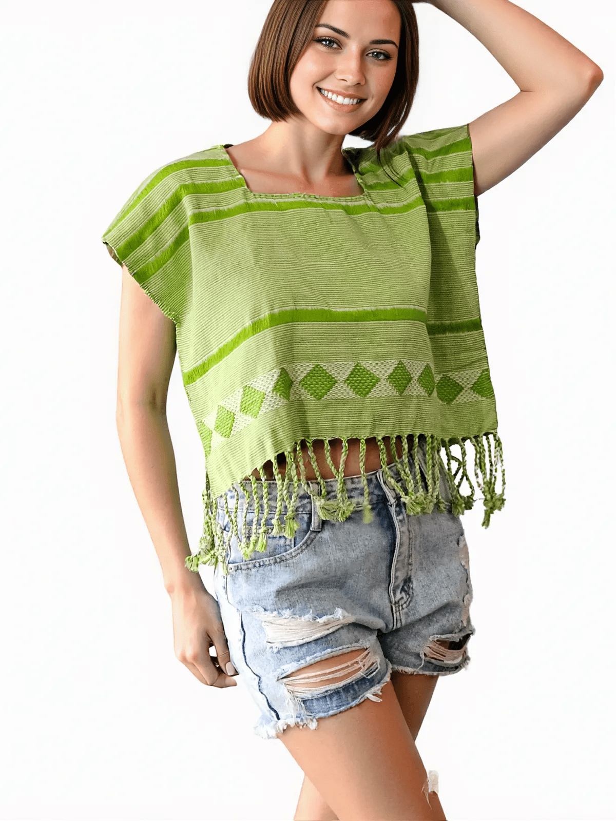 Authentic Handwoven Backstrap Loom Top with Brocade – Artisan - Made Blouse Lime Green Lines - Tenku Designs