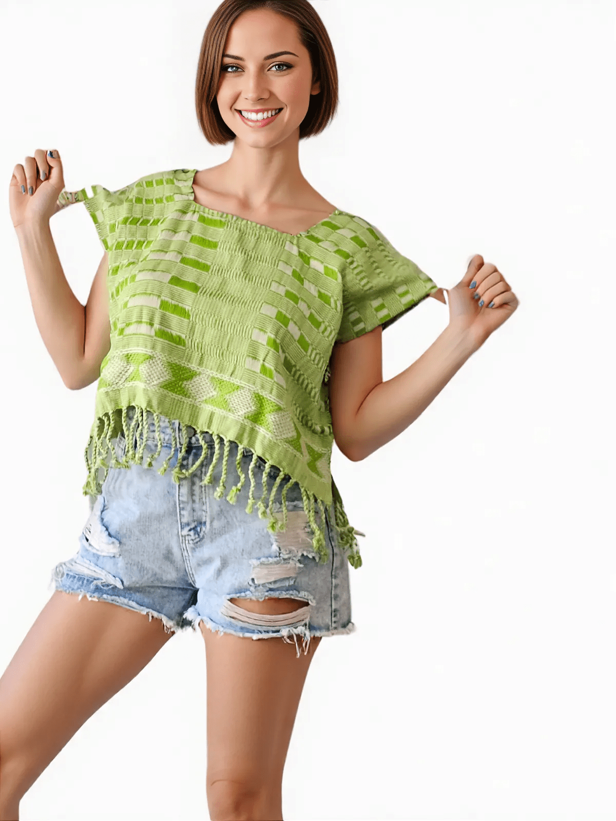 Authentic Handwoven Backstrap Loom Top with Brocade – Artisan - Made Blouse Lime Green Lines - Tenku Designs