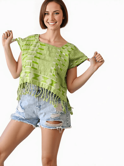 Authentic Handwoven Backstrap Loom Top with Brocade – Artisan - Made Blouse Lime Green Lines - Tenku Designs