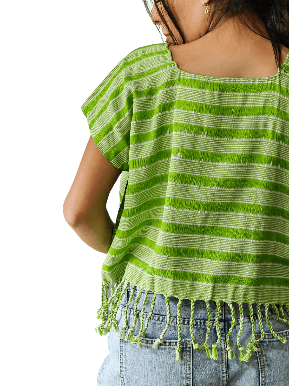 Authentic Handwoven Backstrap Loom Top with Brocade – Artisan - Made Blouse Lime Green Lines - Tenku Designs