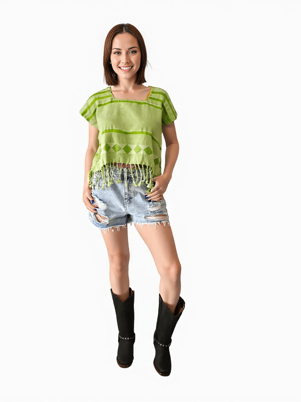 Authentic Handwoven Backstrap Loom Top with Brocade – Artisan - Made Blouse Lime Green Lines - Tenku Designs