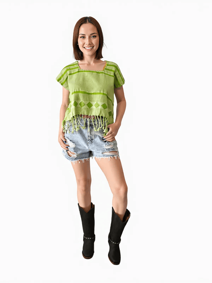 Authentic Handwoven Backstrap Loom Top with Brocade – Artisan - Made Blouse Lime Green Lines - Tenku Designs