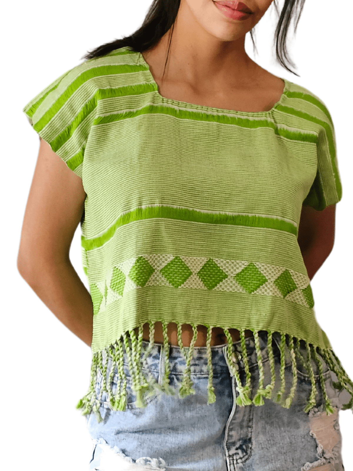 Authentic Handwoven Backstrap Loom Top with Brocade – Artisan - Made Blouse Lime Green Lines - Tenku Designs