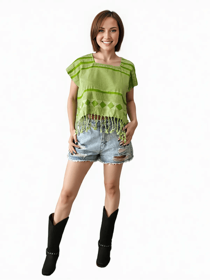 Authentic Handwoven Backstrap Loom Top with Brocade – Artisan - Made Blouse Lime Green Lines - Tenku Designs