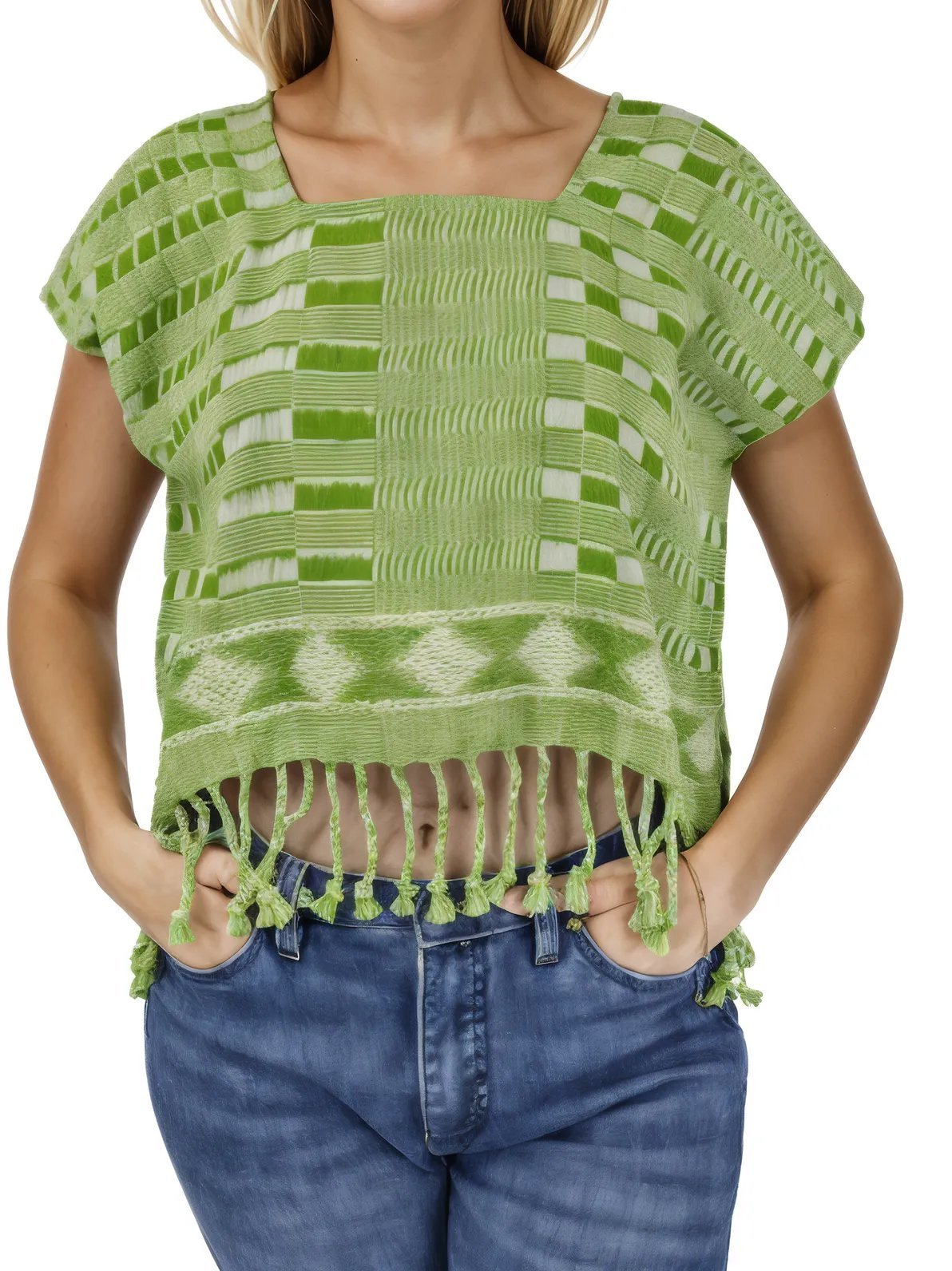 Authentic Handwoven Backstrap Loom Top with Brocade – Artisan - Made Blouse Lime Green Squares - Tenku Designs