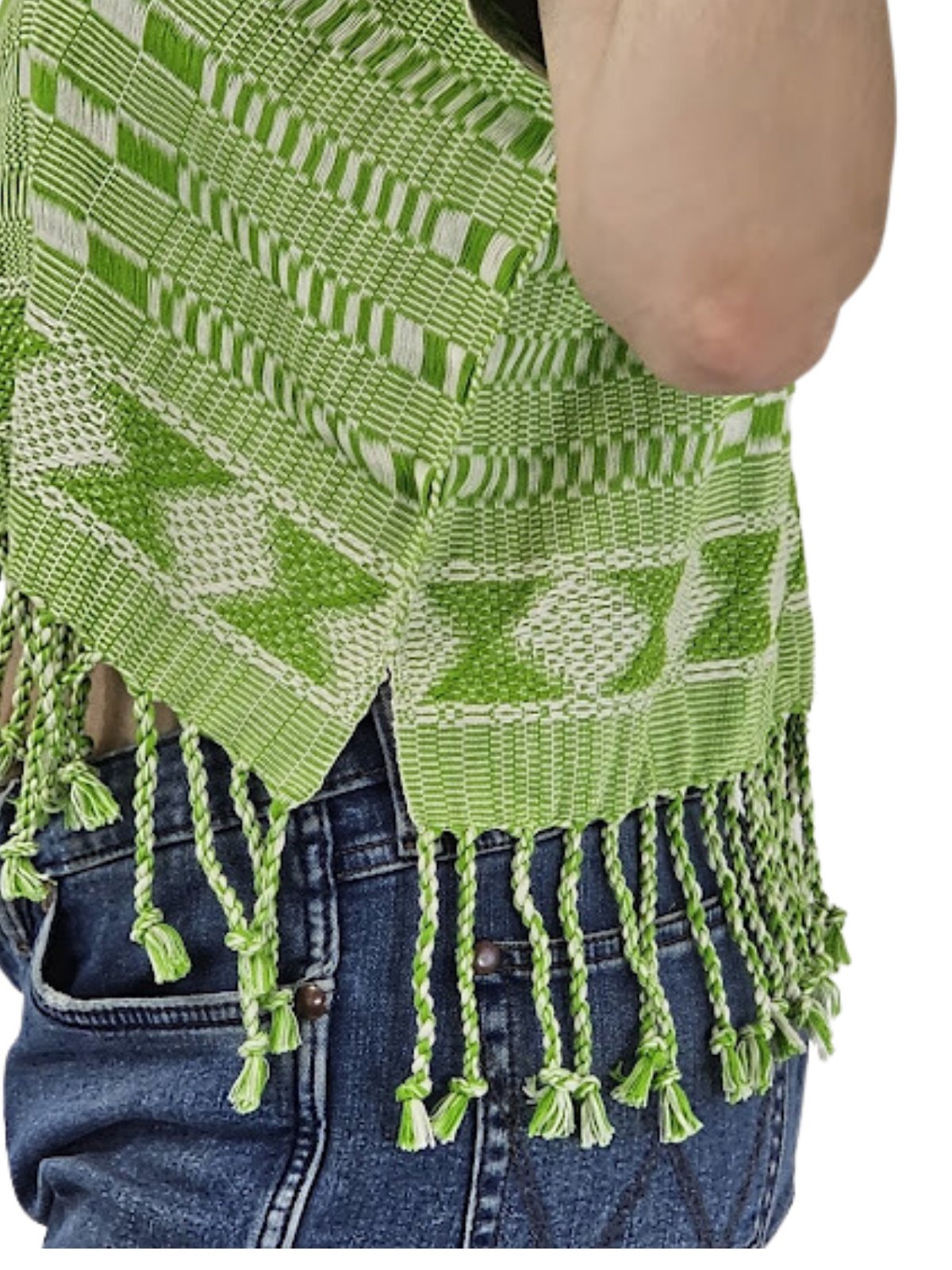 Authentic Handwoven Backstrap Loom Top with Brocade – Artisan - Made Blouse Lime Green Squares - Tenku Designs
