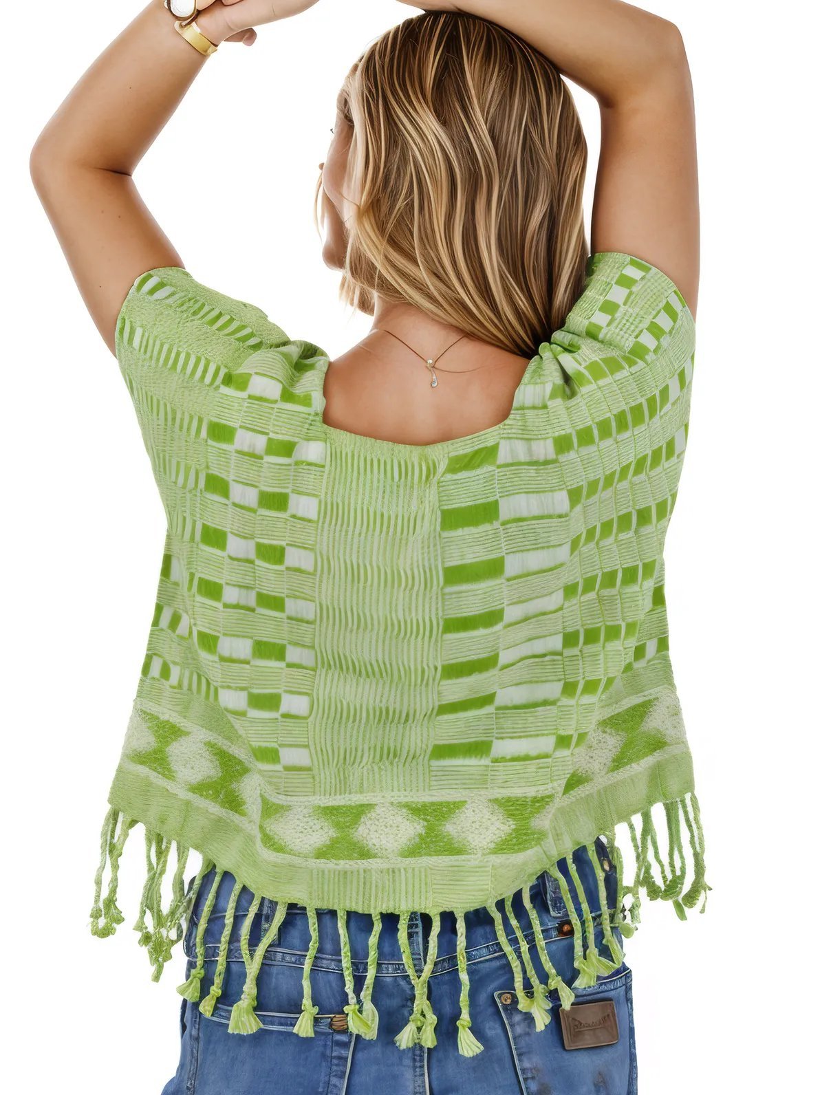 Authentic Handwoven Backstrap Loom Top with Brocade – Artisan - Made Blouse Lime Green Squares - Tenku Designs