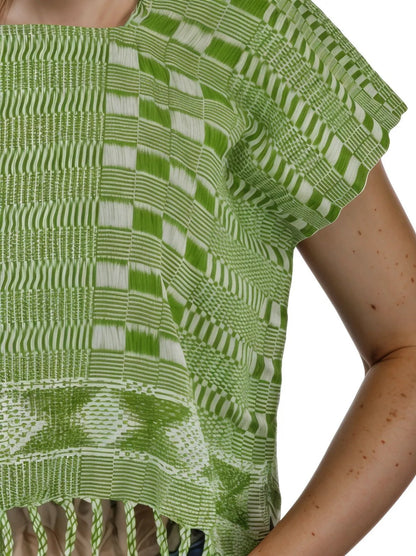 Authentic Handwoven Backstrap Loom Top with Brocade – Artisan - Made Blouse Lime Green Squares - Tenku Designs