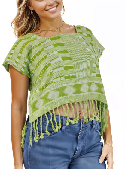 Authentic Handwoven Backstrap Loom Top with Brocade – Artisan - Made Blouse Lime Green Squares - Tenku Designs