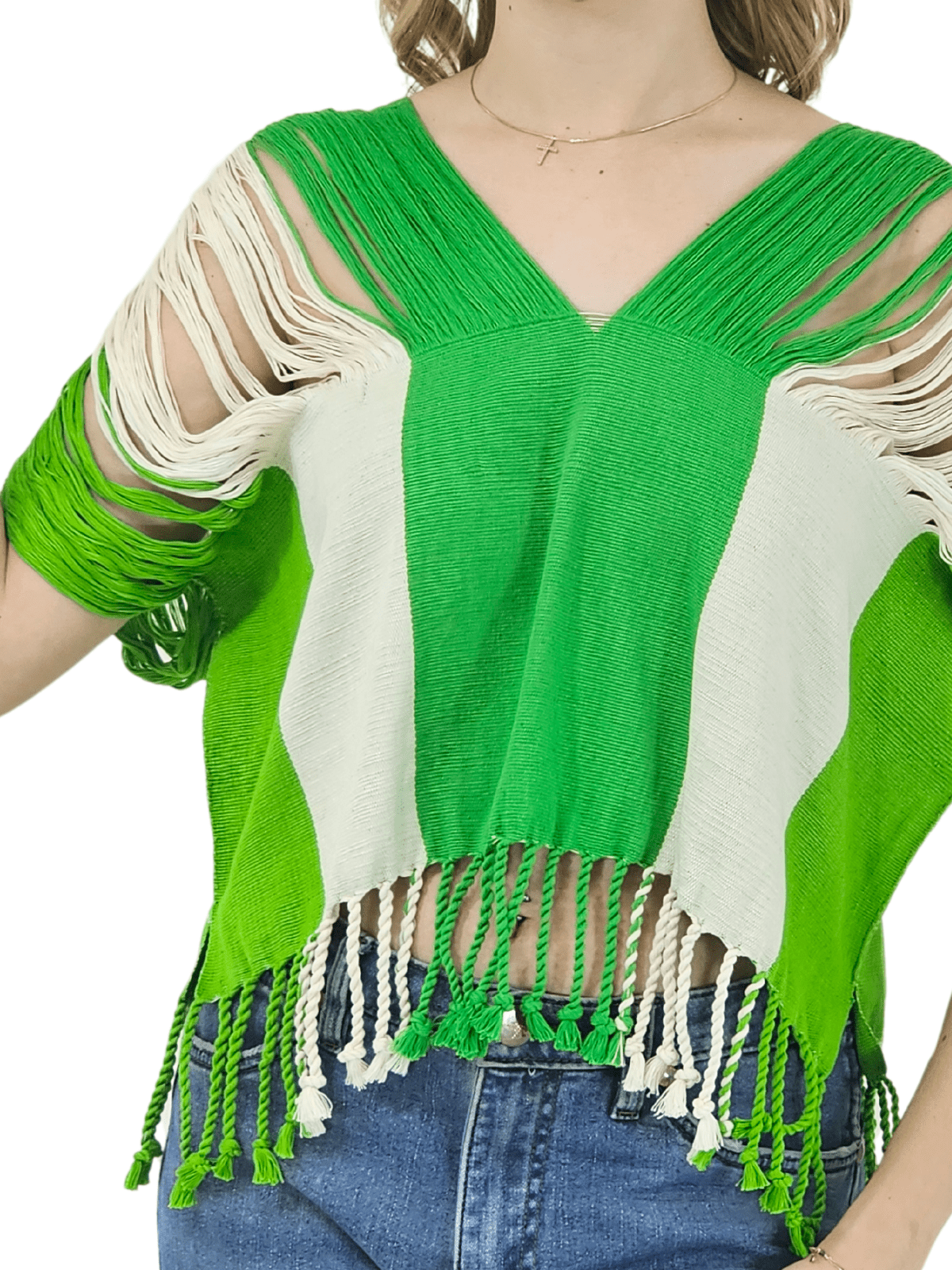 Authentic Handwoven Backstrap Loom Top with Brocade – Artisan - Made Blouse Lime Green Stripes - Tenku Designs
