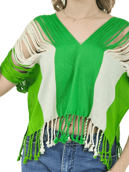 Authentic Handwoven Backstrap Loom Top with Brocade – Artisan - Made Blouse Lime Green Stripes - Tenku Designs