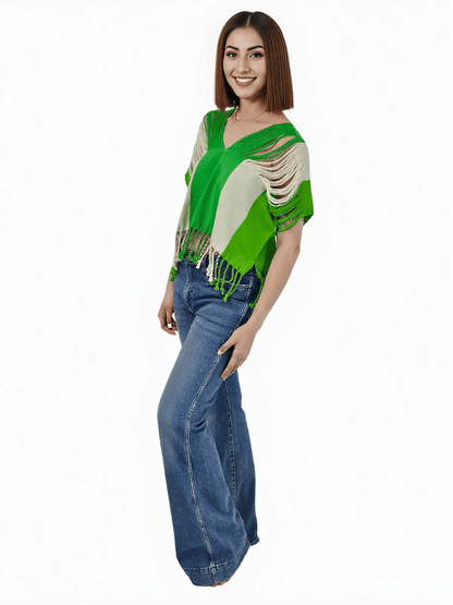 Authentic Handwoven Backstrap Loom Top with Brocade – Artisan - Made Blouse Lime Green Stripes - Tenku Designs