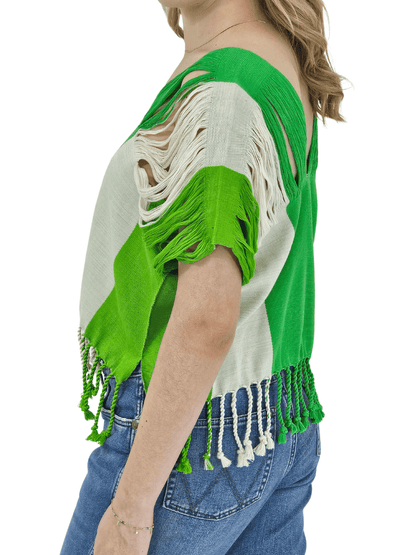 Authentic Handwoven Backstrap Loom Top with Brocade – Artisan - Made Blouse Lime Green Stripes - Tenku Designs