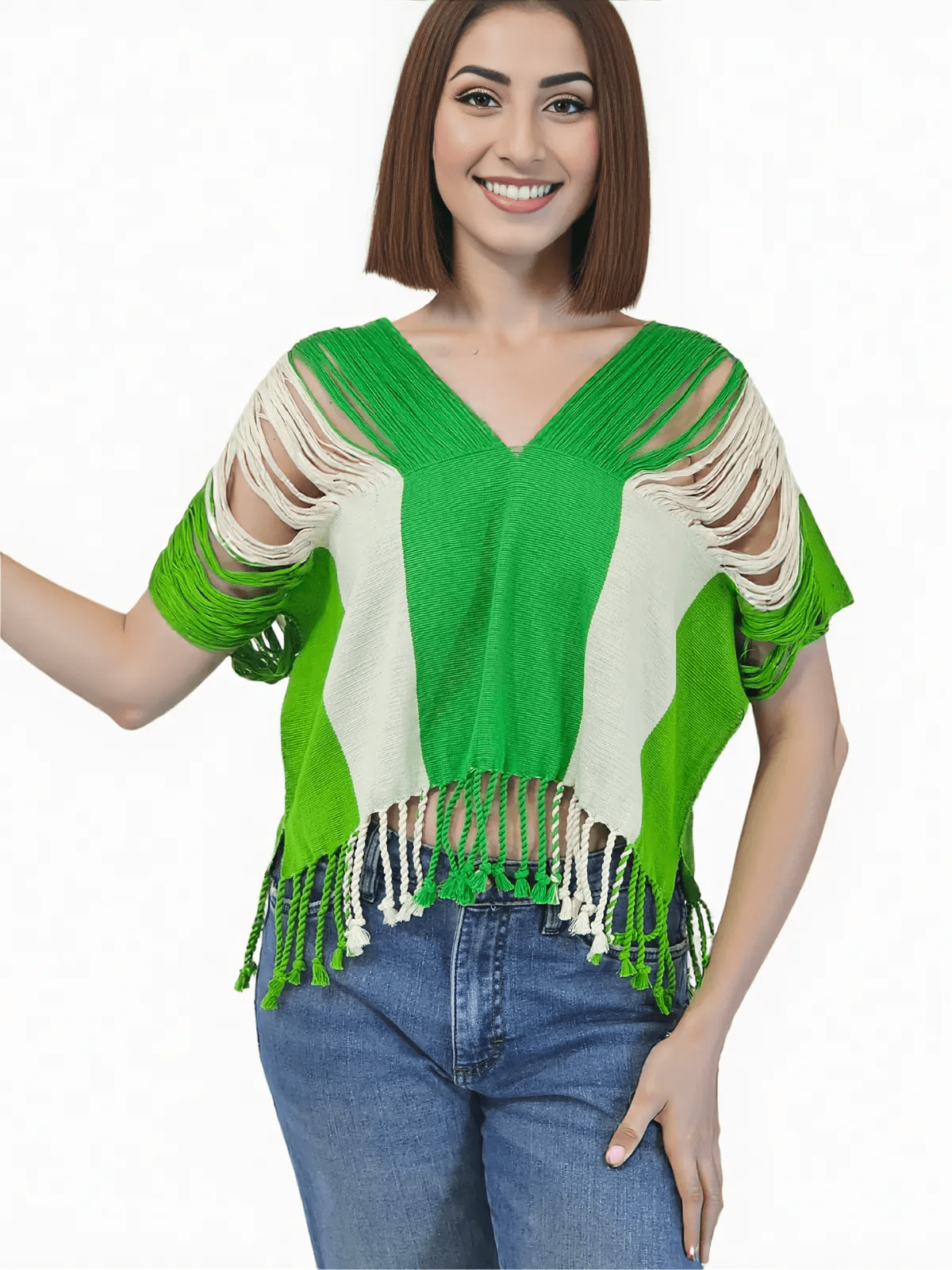 Authentic Handwoven Backstrap Loom Top with Brocade – Artisan - Made Blouse Lime Green Stripes - Tenku Designs
