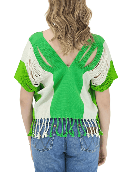 Authentic Handwoven Backstrap Loom Top with Brocade – Artisan - Made Blouse Lime Green Stripes - Tenku Designs