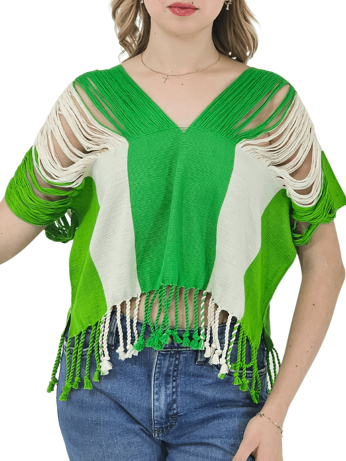 Authentic Handwoven Backstrap Loom Top with Brocade – Artisan - Made Blouse Lime Green Stripes - Tenku Designs