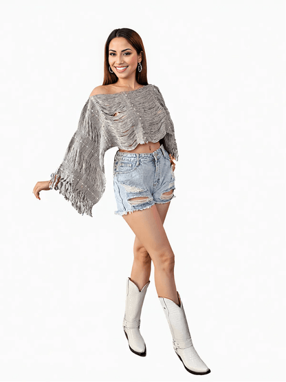 Authentic Handwoven Backstrap Loom Top with Brocade – Artisan - Made Blouse Long Grey - Tenku Designs