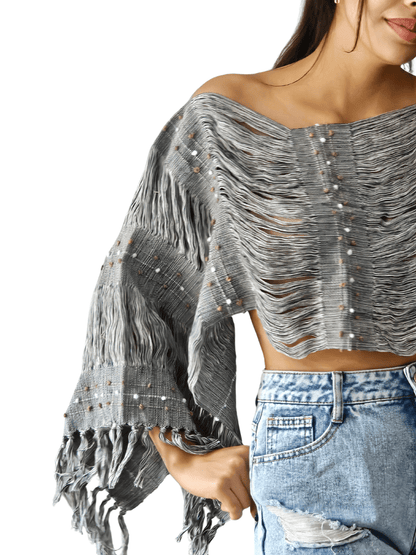 Authentic Handwoven Backstrap Loom Top with Brocade – Artisan - Made Blouse Long Grey - Tenku Designs