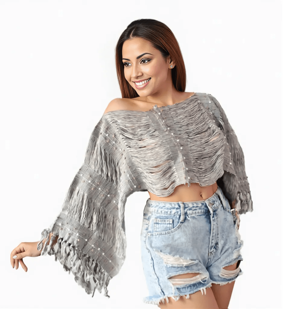 Authentic Handwoven Backstrap Loom Top with Brocade – Artisan - Made Blouse Long Grey - Tenku Designs