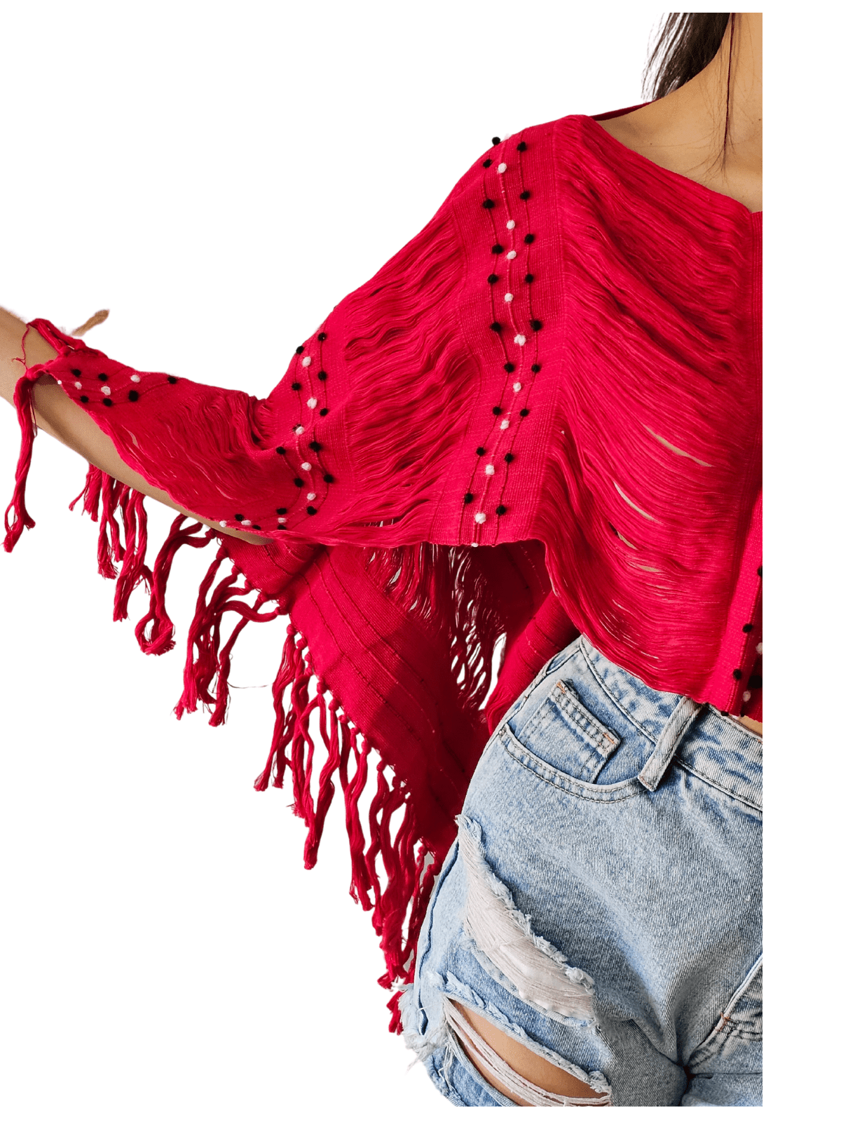 Authentic Handwoven Backstrap Loom Top with Brocade – Artisan - Made Blouse Long Red - Tenku Designs