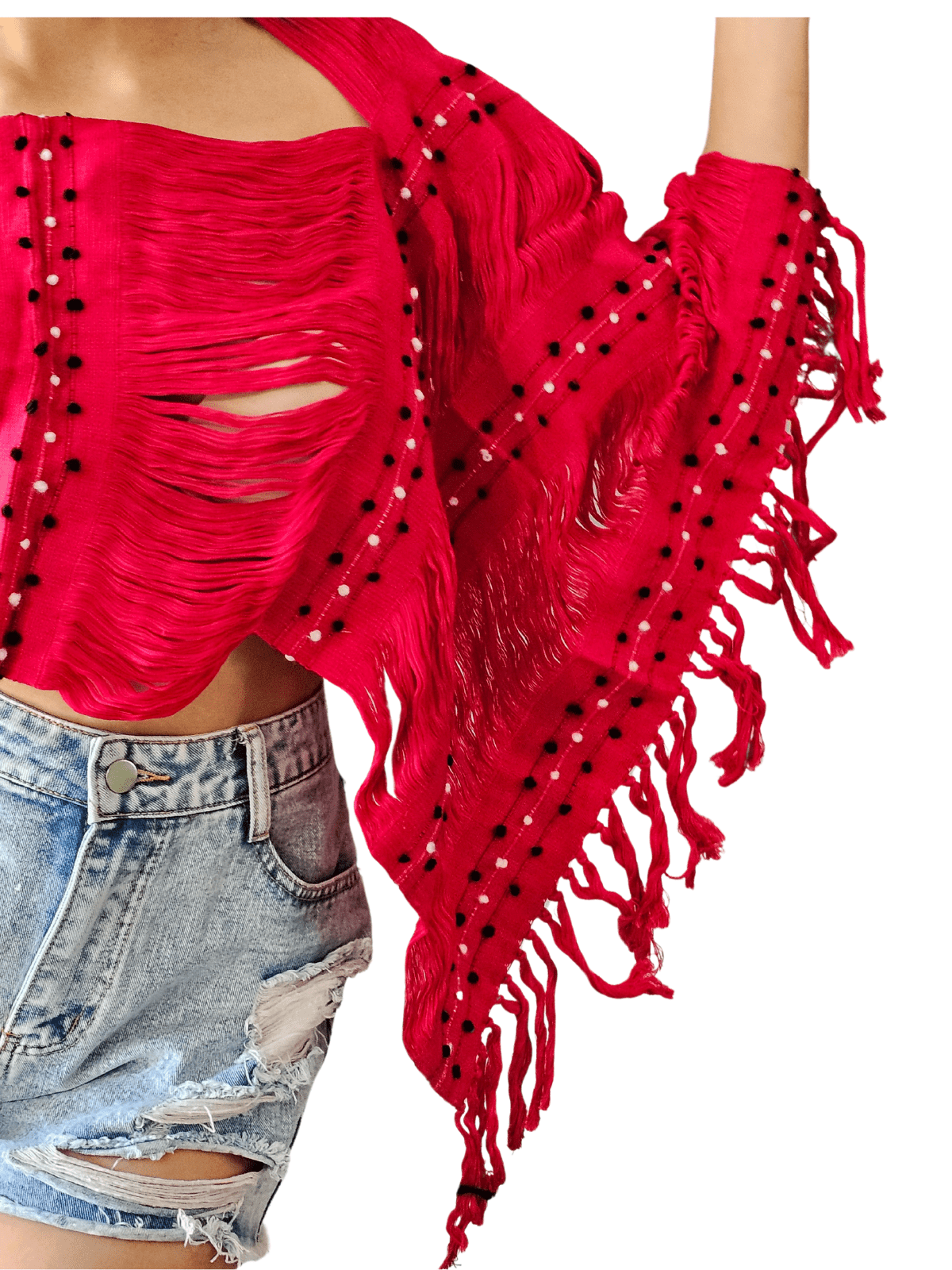 Authentic Handwoven Backstrap Loom Top with Brocade – Artisan - Made Blouse Long Red - Tenku Designs