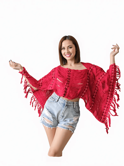 Authentic Handwoven Backstrap Loom Top with Brocade – Artisan - Made Blouse Long Red - Tenku Designs