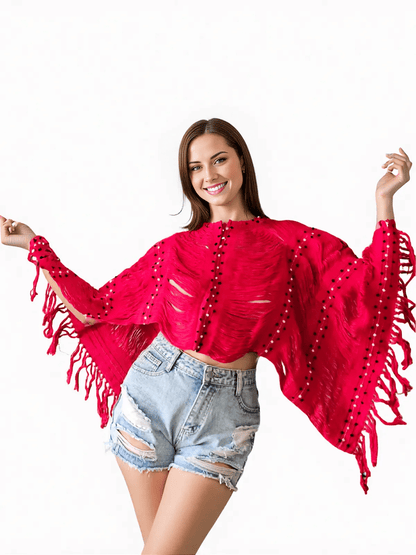 Authentic Handwoven Backstrap Loom Top with Brocade – Artisan - Made Blouse Long Red - Tenku Designs