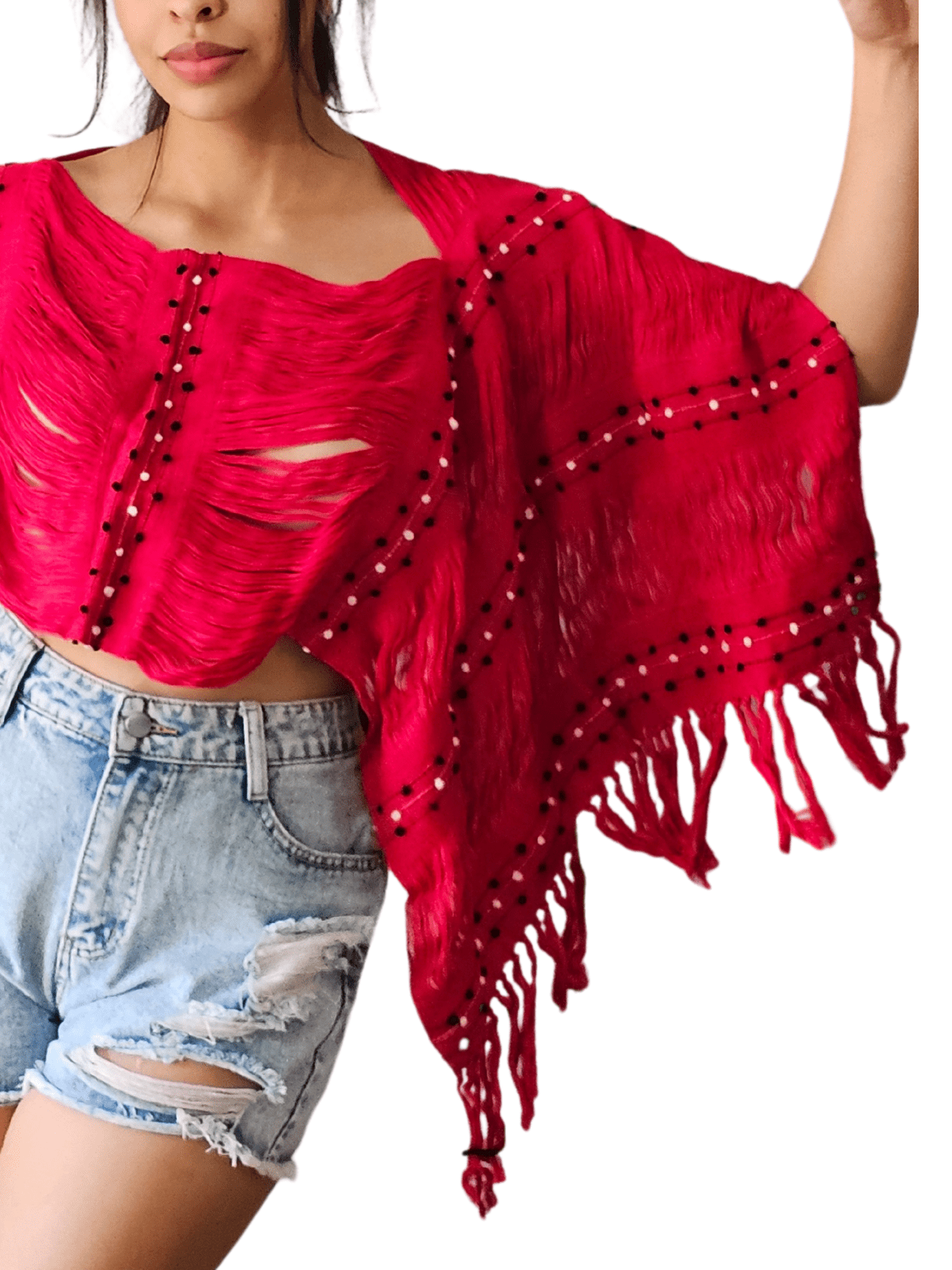 Authentic Handwoven Backstrap Loom Top with Brocade – Artisan - Made Blouse Long Red - Tenku Designs