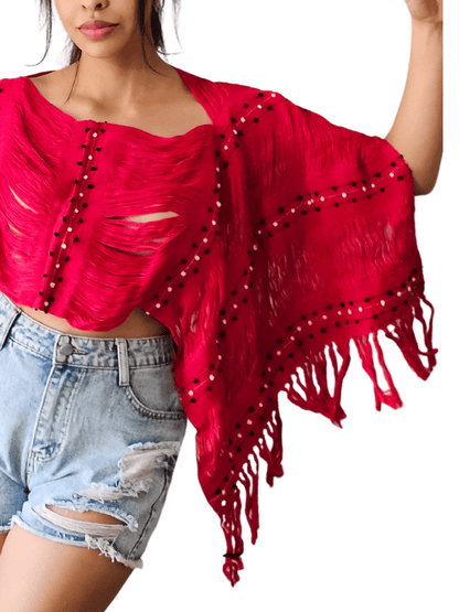 Authentic Handwoven Backstrap Loom Top with Brocade – Artisan - Made Blouse Long Red - Tenku Designs