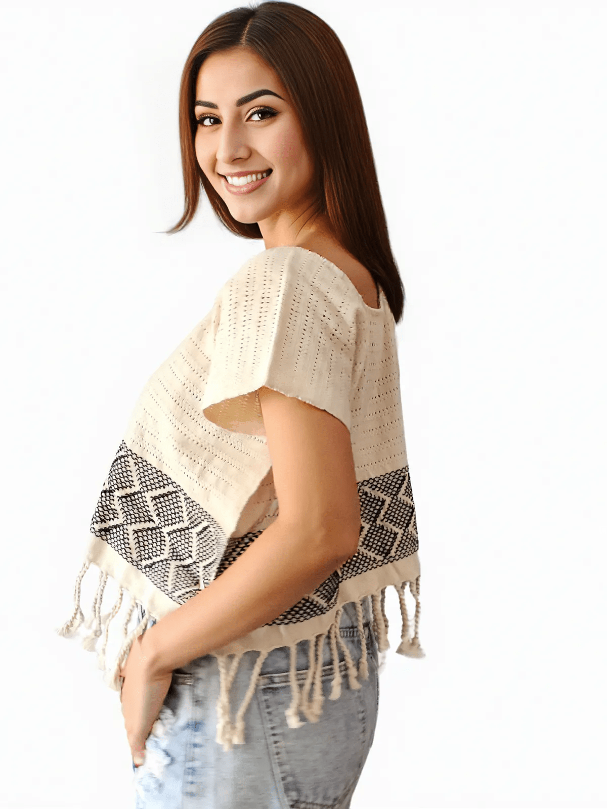 Authentic Handwoven Backstrap Loom Top with Brocade – Artisan - Made Blouse Off White - Tenku Designs
