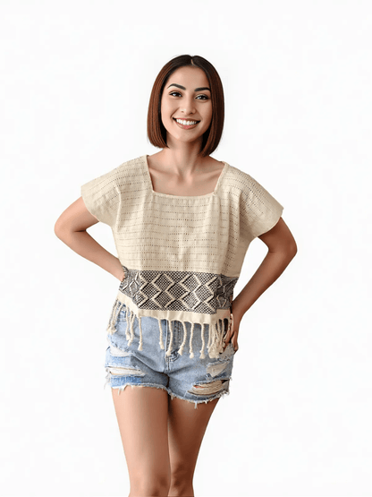 Authentic Handwoven Backstrap Loom Top with Brocade – Artisan - Made Blouse Off White - Tenku Designs