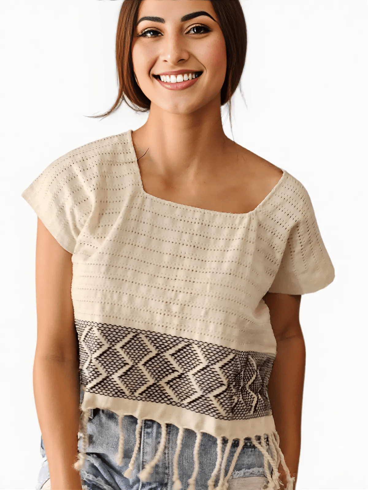 Authentic Handwoven Backstrap Loom Top with Brocade – Artisan - Made Blouse Off White - Tenku Designs