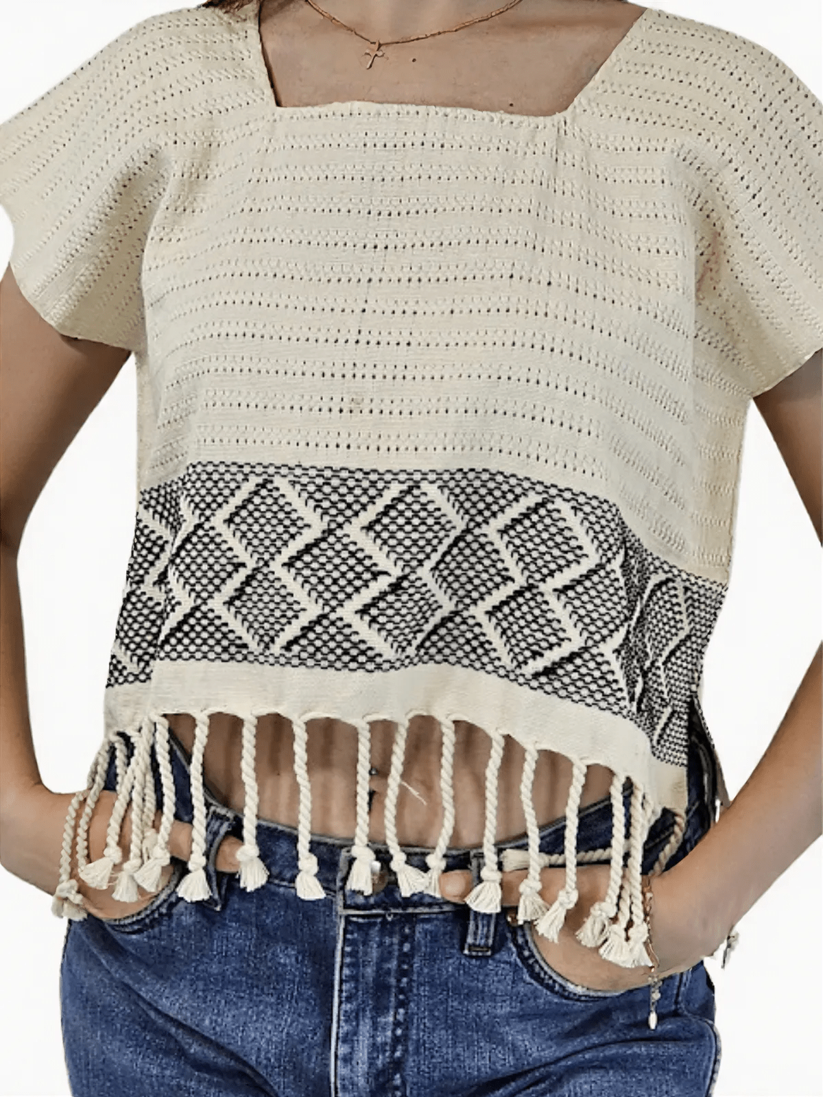 Authentic Handwoven Backstrap Loom Top with Brocade – Artisan - Made Blouse Off White - Tenku Designs
