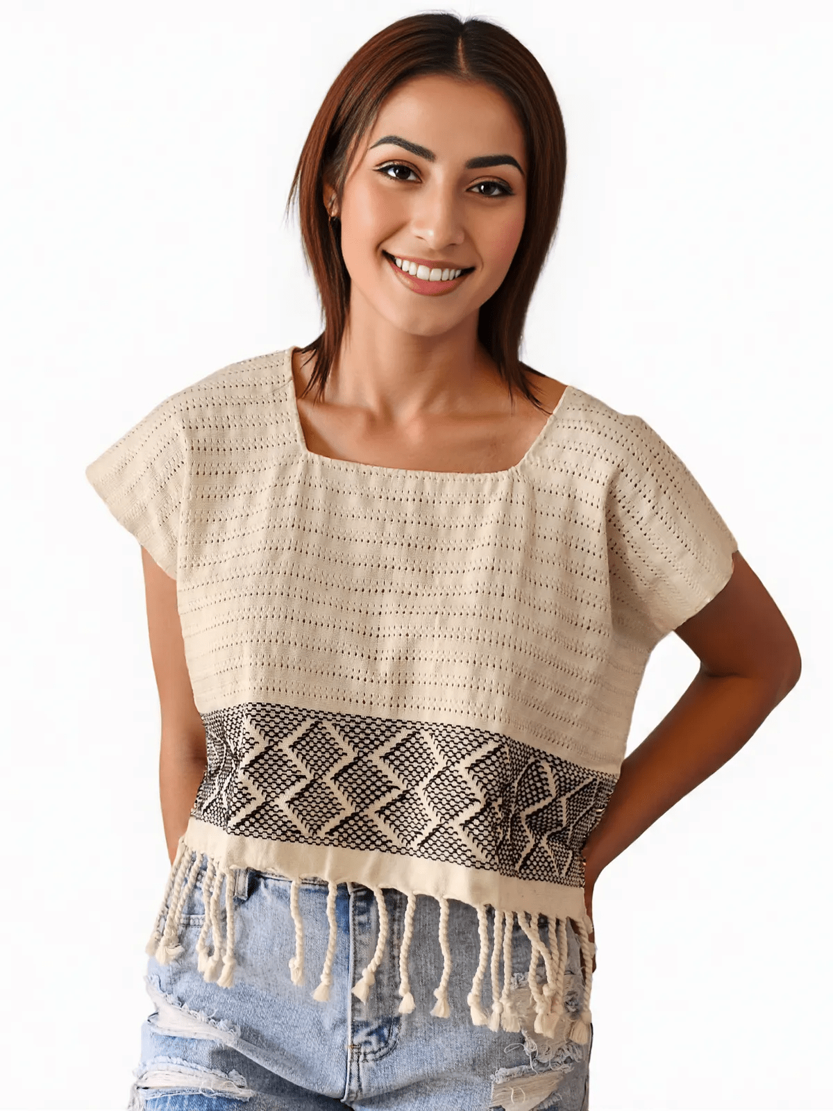 Authentic Handwoven Backstrap Loom Top with Brocade – Artisan - Made Blouse Off White - Tenku Designs