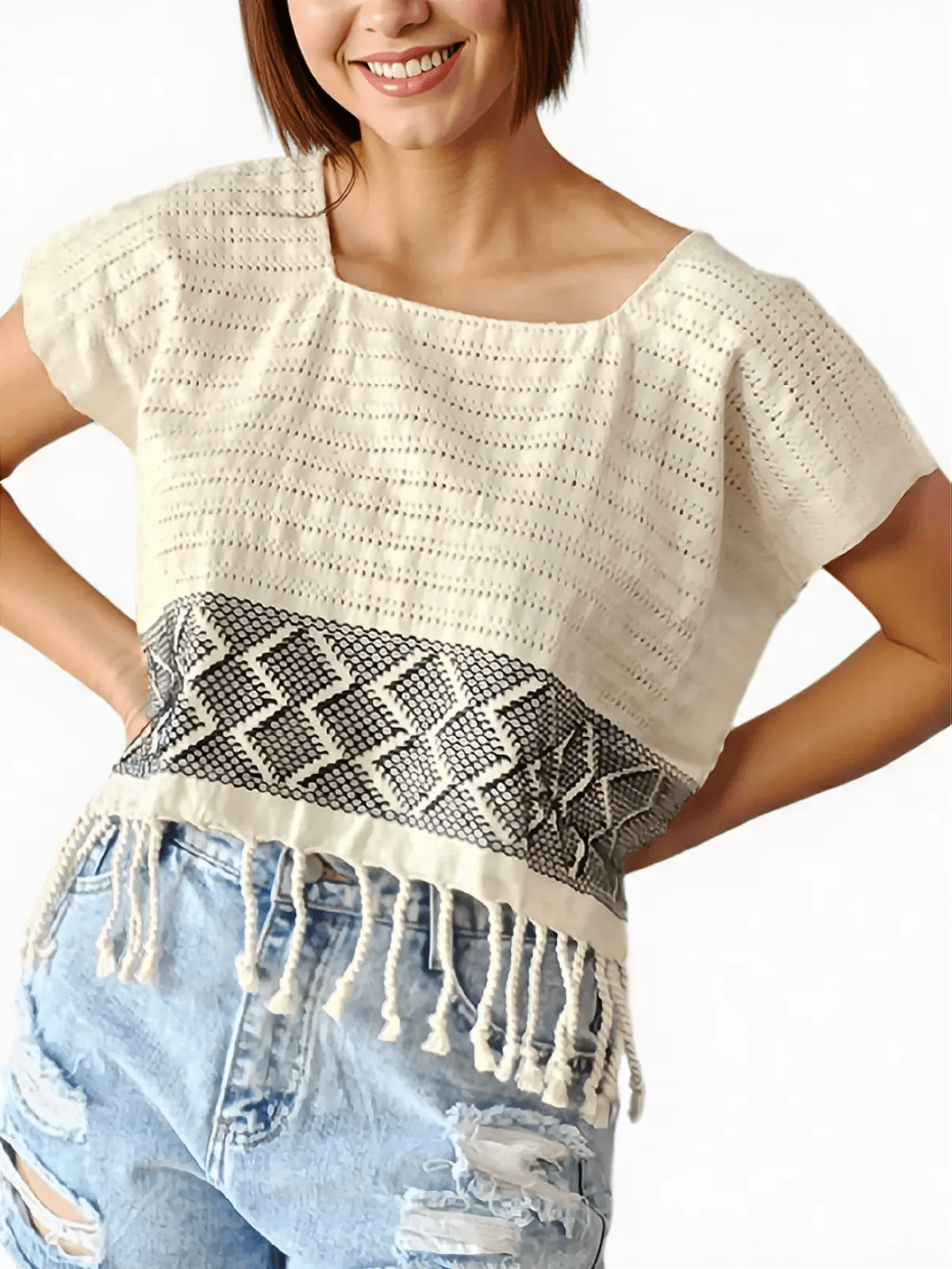 Authentic Handwoven Backstrap Loom Top with Brocade – Artisan - Made Blouse Off White - Tenku Designs