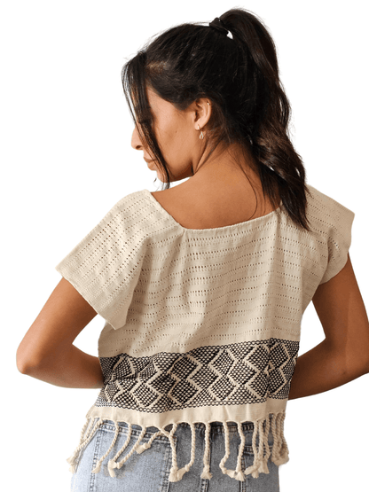 Authentic Handwoven Backstrap Loom Top with Brocade – Artisan - Made Blouse Off White - Tenku Designs