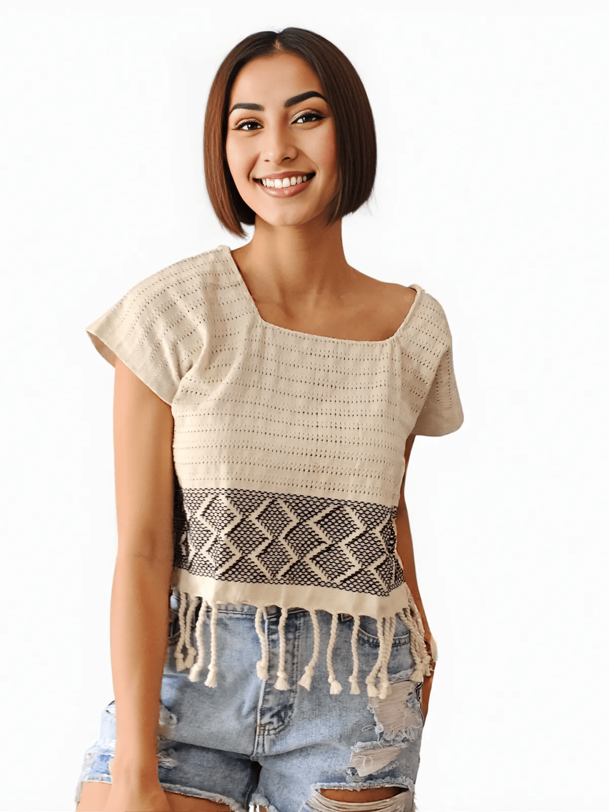 Authentic Handwoven Backstrap Loom Top with Brocade – Artisan - Made Blouse Off White - Tenku Designs
