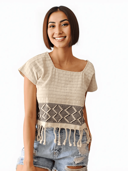 Authentic Handwoven Backstrap Loom Top with Brocade – Artisan - Made Blouse Off White - Tenku Designs