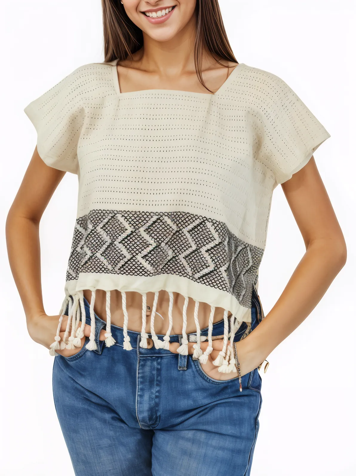 Authentic Handwoven Backstrap Loom Top with Brocade – Artisan - Made Blouse Off White - Tenku Designs