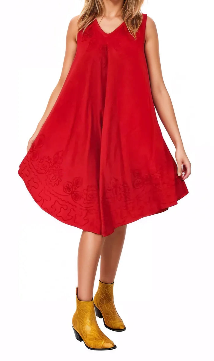 Antiqued Red Boho Short Sleeve Flowy Dress – Loose Fit Tenku Designs