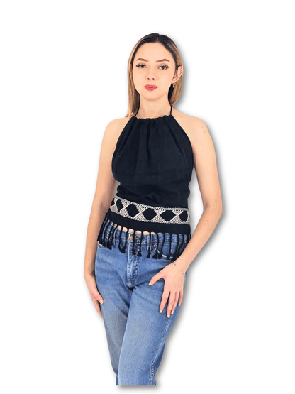 Backstrap Loom Backless Halter Top – Handwoven with Raw Natural Thread | Sustainable Fashion Black - Tenku Designs