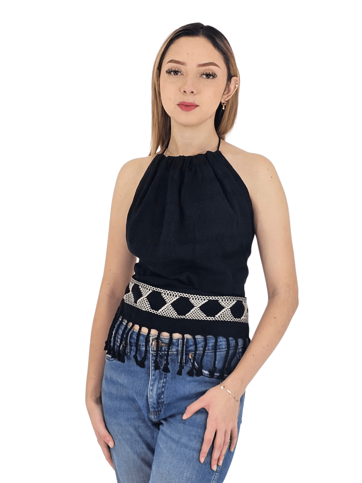 Backstrap Loom Backless Halter Top – Handwoven with Raw Natural Thread | Sustainable Fashion Black - Tenku Designs