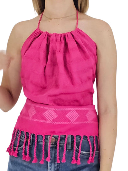 Backstrap Loom Backless Halter Top – Handwoven with Raw Natural Thread | Sustainable Fashion Hot Pink - Tenku Designs