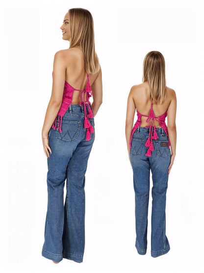 Backstrap Loom Backless Halter Top – Handwoven with Raw Natural Thread | Sustainable Fashion Hot Pink - Tenku Designs