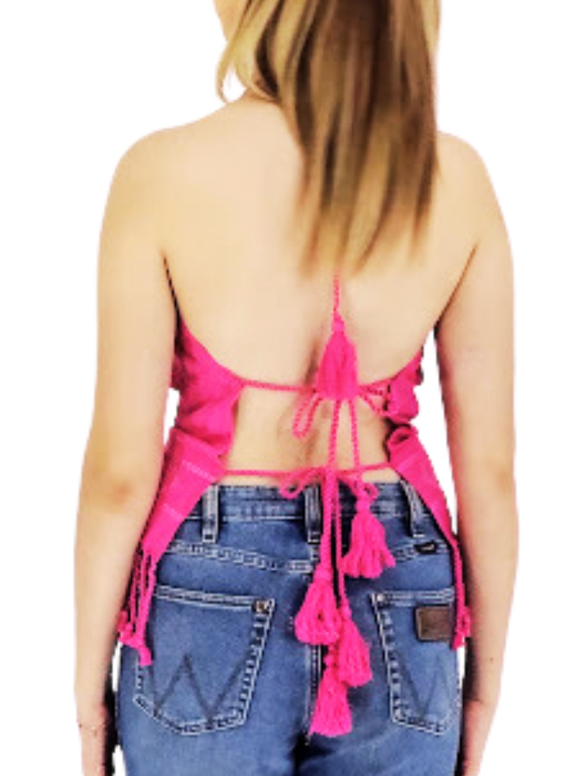 Backstrap Loom Backless Halter Top – Handwoven with Raw Natural Thread | Sustainable Fashion Hot Pink - Tenku Designs