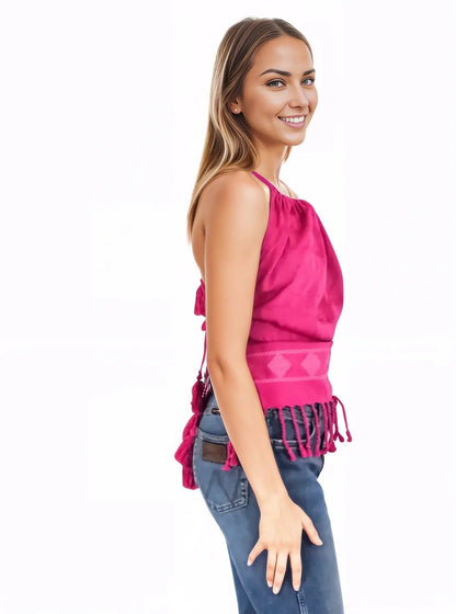 Backstrap Loom Backless Halter Top – Handwoven with Raw Natural Thread | Sustainable Fashion Hot Pink - Tenku Designs