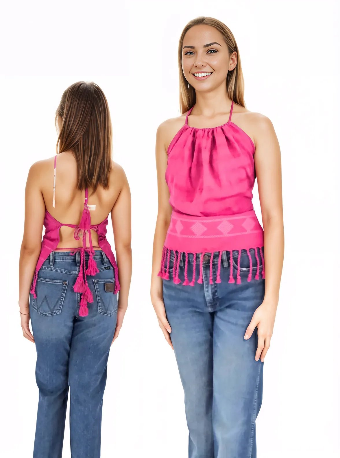 Backstrap Loom Backless Halter Top – Handwoven with Raw Natural Thread | Sustainable Fashion Hot Pink - Tenku Designs