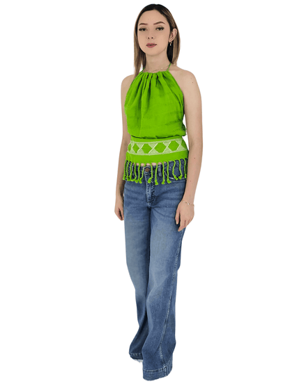 Backstrap Loom Backless Halter Top – Handwoven with Raw Natural Thread | Sustainable Fashion Lime Green - Tenku Designs