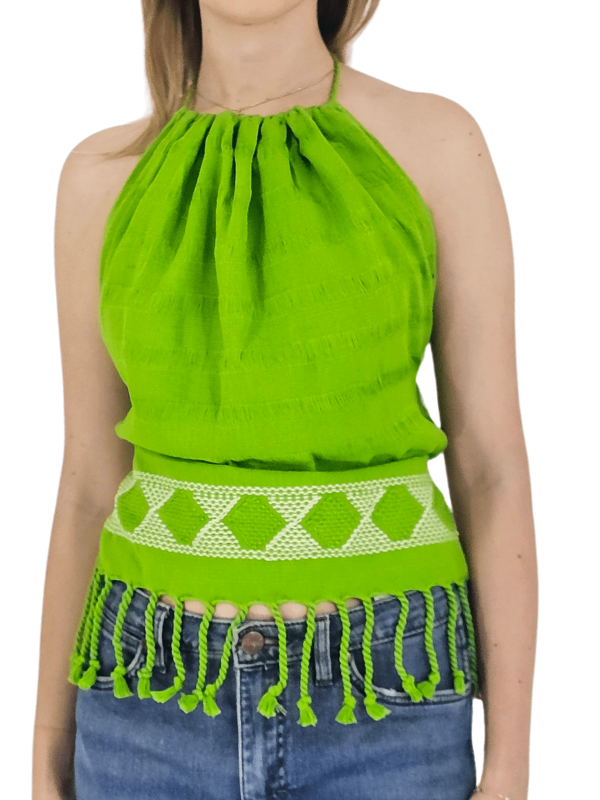 Backstrap Loom Backless Halter Top – Handwoven with Raw Natural Thread | Sustainable Fashion Lime Green - Tenku Designs